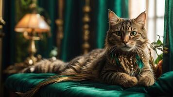 A regal cat lounging elegantly on a plush surface, adorned with decorative elements. photo