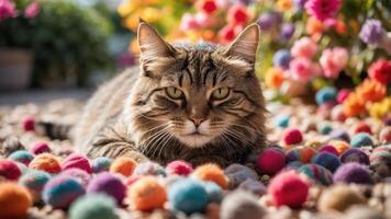 A tabby cat lounging among colorful pom-poms in a vibrant garden setting. photo