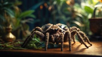 A close-up of a large spider amidst lush greenery, showcasing its detailed features. photo