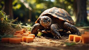 A tortoise forages on the ground surrounded by pieces of carrot in a natural setting. photo