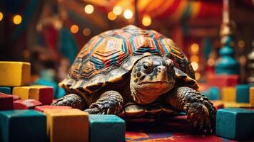 A tortoise resting among colorful blocks in a playful setting. photo