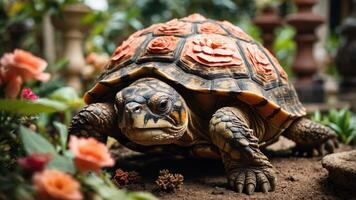 A tortoise with flower-like patterns on its shell in a lush garden setting. photo