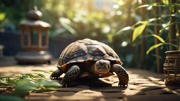 A turtle exploring a serene garden setting with natural light filtering through greenery. photo