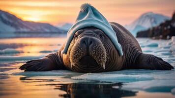 A walrus wearing a blue hat rests on ice with a sunset backdrop. photo