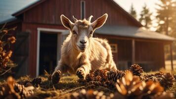 A playful goat frolics among pinecones near a rustic barn in warm sunlight. photo