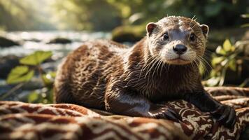 A close-up of an otter resting on a patterned surface near a river. photo
