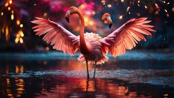 Two flamingos gracefully display their wings in a vibrant, colorful setting by the water. photo