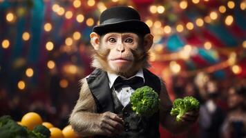 A monkey in a tuxedo holding broccoli in a festive circus setting. photo