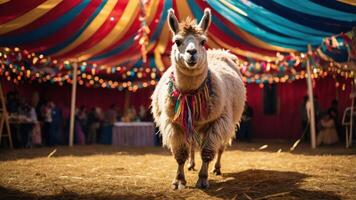 A cheerful llama adorned with colorful decorations stands in a festive, decorated tent. photo