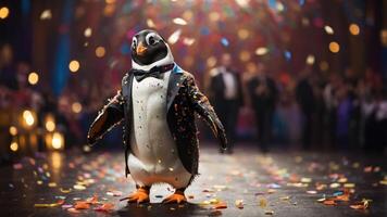 A penguin in a tuxedo stands on a stage, surrounded by confetti at a festive event. photo
