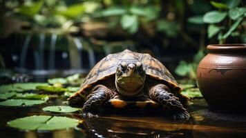 A turtle resting near a pot in a serene, plant-filled aquatic environment. photo
