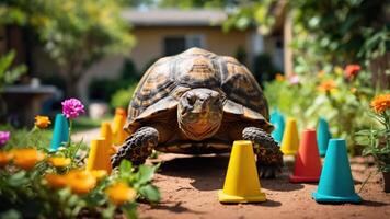 A tortoise navigating colorful cones in a vibrant garden filled with flowers. photo