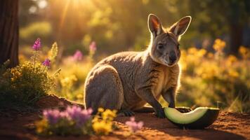 A kangaroo enjoying a slice of melon in a vibrant, flower-filled landscape at sunset. photo