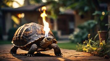 A turtle with flames on its shell in a garden setting. photo