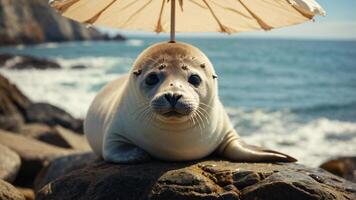 A seal lounging on a rock under a parasol by the ocean. photo
