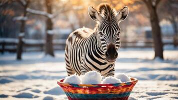 A zebra stands in snow beside a colorful basket filled with snowballs. photo