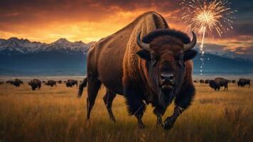 A bison stands in a field at sunset, with fireworks illuminating the sky behind mountains. photo
