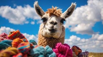 A close-up of a llama surrounded by colorful yarn in a scenic outdoor setting. photo