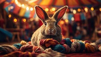 A rabbit resting on colorful yarn in a festive setting with lights and decorations. photo