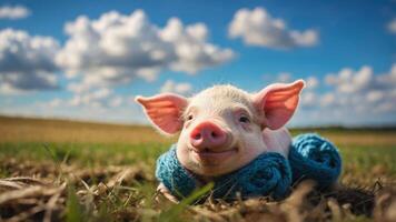 A cheerful piglet wrapped in a blue scarf, lying in a grassy field under a bright sky. photo