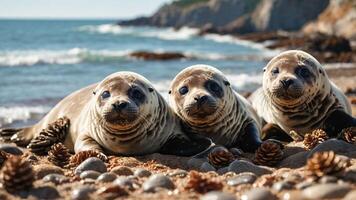 Three seals resting on a beach, surrounded by stones and pinecones. photo