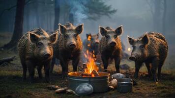 A group of wild boars gathered around a campfire in a misty forest setting. photo