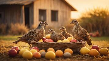Quails gathered around a basket of colorful fruits in a serene rural setting. photo