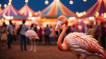A flamingo stands in focus with a colorful carnival backdrop and people enjoying the festivities. photo