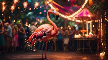 A vibrant flamingo stands amidst a festive party atmosphere with sparklers and decorations. photo