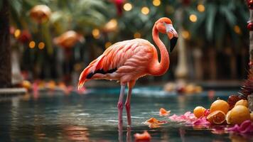 A vibrant flamingo stands in a serene pool surrounded by tropical flora and colorful petals. photo