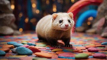 A cute ferret on a colorful, textured surface with a whimsical background. photo