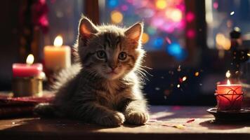 A playful kitten rests on a table surrounded by candles, creating a cozy atmosphere. photo