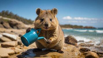 A cheerful animal holding a watering can on a beach, enjoying the sunny day by the ocean. photo