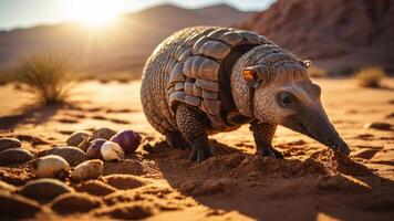 A creature resembling an armadillo forages in a desert landscape at sunset. photo