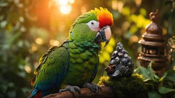 A vibrant parrot perched on a branch with a warm, glowing background. photo