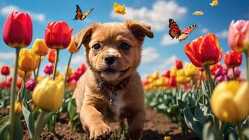 A playful puppy runs through a vibrant tulip field with butterflies fluttering around. photo