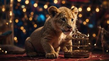 A young lion cub sits beside a decorative birdcage, surrounded by soft lights. photo