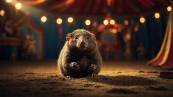 A whimsical scene featuring a large rodent in a circus setting, illuminated by warm lights. photo