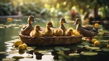 A serene scene of ducks and ducklings resting in a woven basket on a tranquil pond. photo