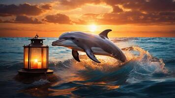 A dolphin leaps near a lantern on the water at sunset, creating a serene atmosphere. photo