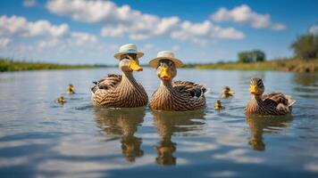 Two ducks wearing hats swim with ducklings in a serene water setting under a blue sky. photo
