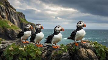 Four puffins perched on a rocky shore with a dramatic ocean backdrop. photo