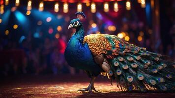 A vibrant peacock displays its colorful feathers in a lively circus setting. photo