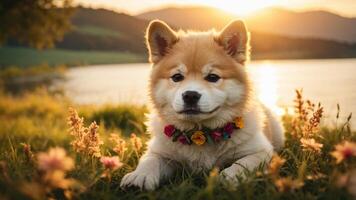 A fluffy dog with a floral collar lounging by a serene lake at sunset. photo