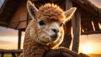 A close-up of a fluffy alpaca with a warm sunset backdrop. photo