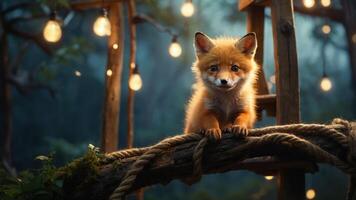 A cute fox perched on a log with glowing lights in a serene forest setting. photo