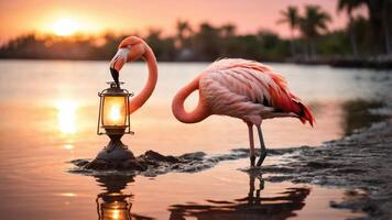 A flamingo interacts with a lantern at sunset, creating a serene and captivating scene. photo