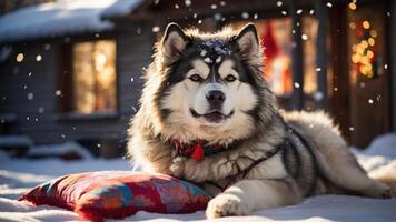 A fluffy dog resting on a colorful pillow in a snowy outdoor setting. photo
