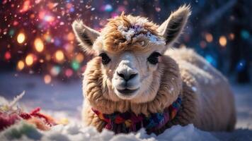 A charming llama resting in the snow, adorned with a colorful scarf and surrounded by festive lights. photo