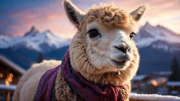 A llama wearing a scarf against a scenic mountain backdrop at sunset. photo